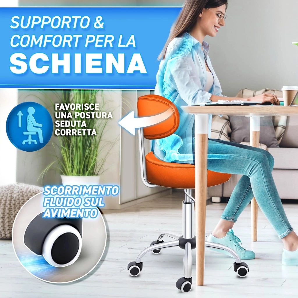 Sgabello con rotelle con schienale arancione | Sgabello da lavoro regolabile in altezza 46-58 cm | Sgabello girevole con rotelle | Sedia da ufficio sgabello sedia girevole sgabello per