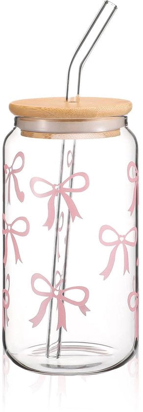 Tazza in Vetro 473 ml - Bicchiere da Bevande con Coperchio - Bicchiere da Bevande con Manico in Canne - Regalo Elegante - Disegno Decorativo - Utilizzo Versatile