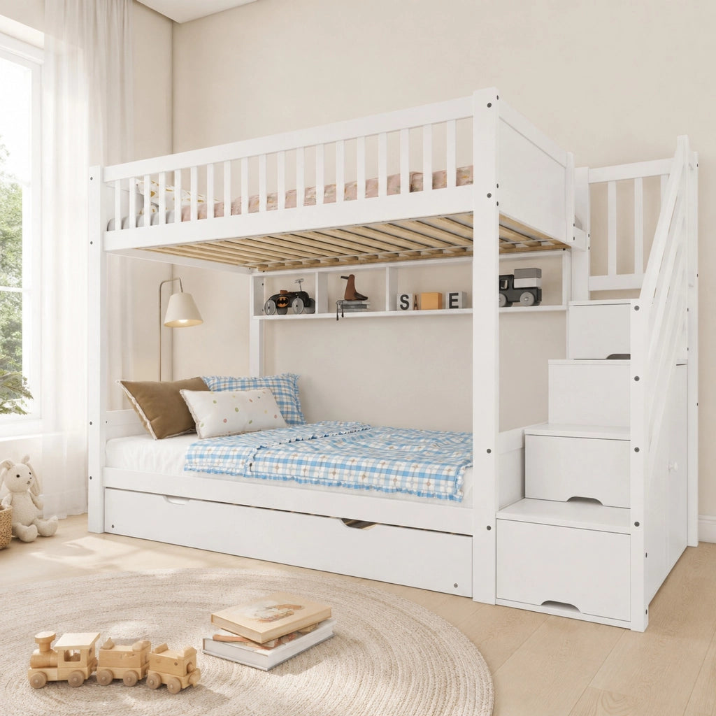 LETTO a castello 90x200 cm Bianco in pino con letto estraibile