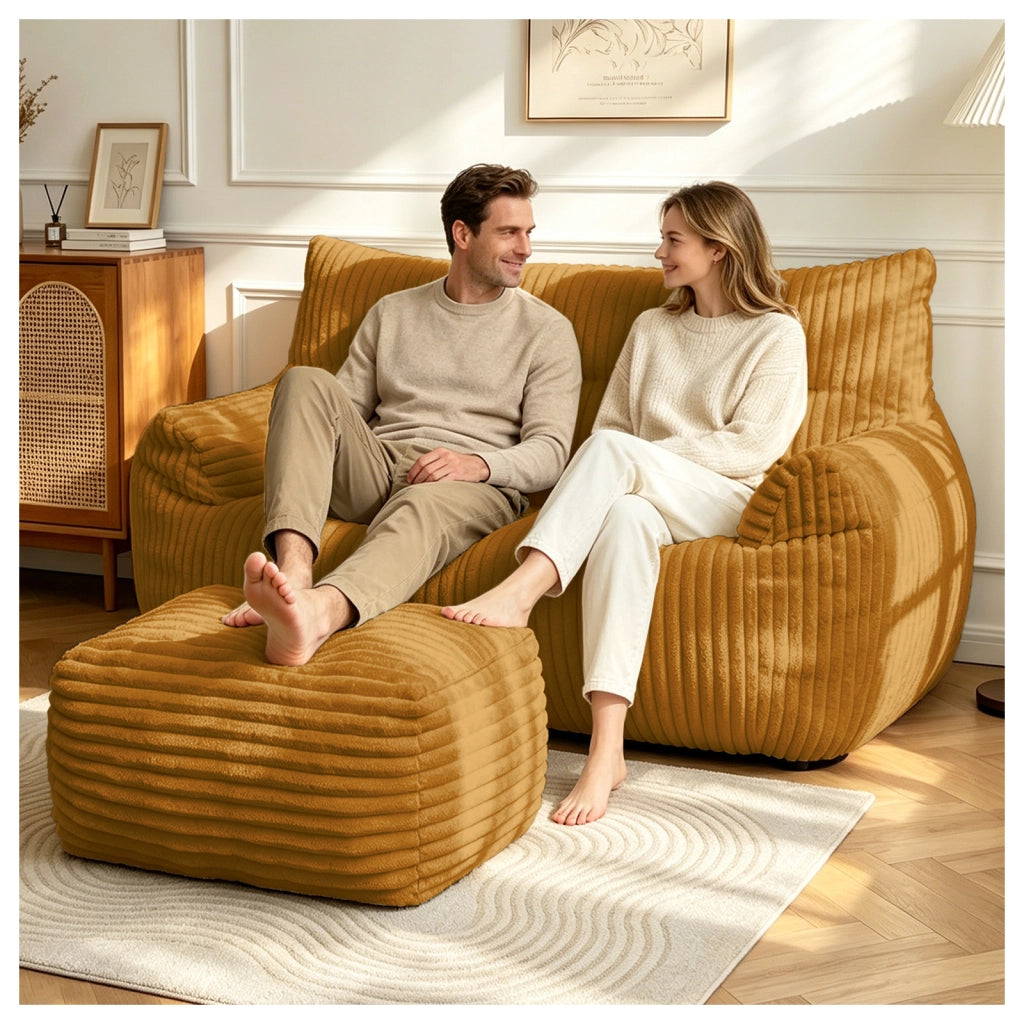 Pouf lounge ergonomico in flanella con imbottitura in memory foam, base antiscivolo e supporto avvolgente giallo