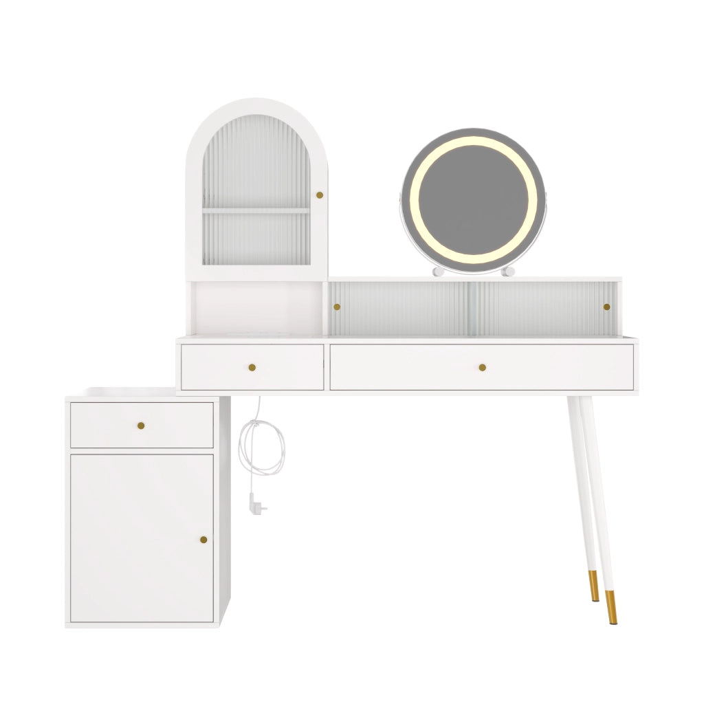 Toeletta con 3 cassetti; specchio LED; USB e Type-C - per camera da letto - bianco - 140x40x140 cm