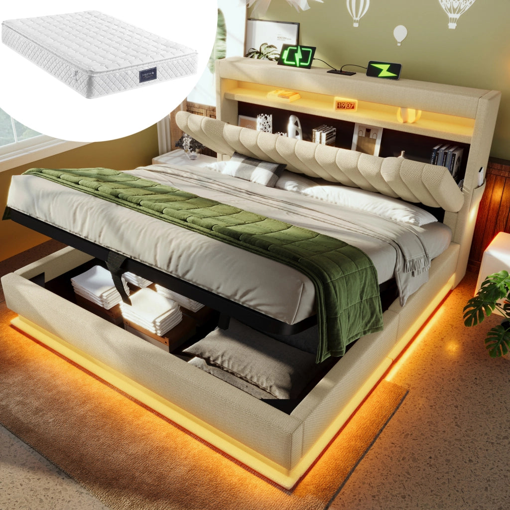 Letto 160x200 cm con contenitore idraulico; LED; USB e Type-C; in lino beige con materasso