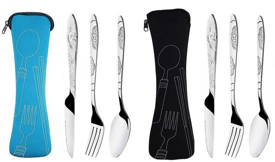 Set da cucina portatile - 2 pezzi - Acciaio inossidabile - Sacchetto da cucina Nero/Blu - Ideale per campeggio/Picnic - Disegno a zip - Cucina portatile