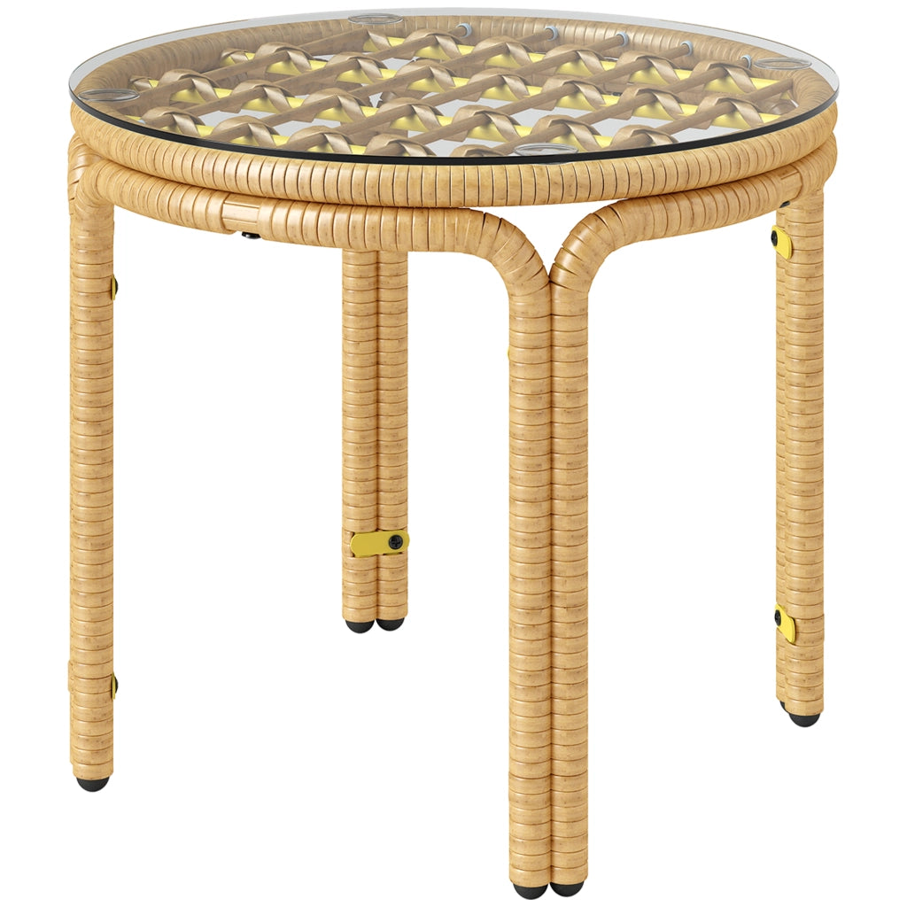 Comodino in polirattan; tavolino da caffè rotondo con piano in vetro; comodino ?50 cm; giallo
