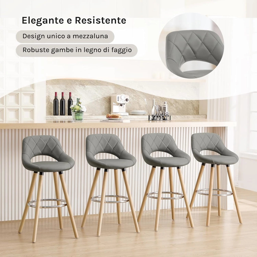 Sgabelli da Cucina Set di 2, Sgabello da Bar per Colazione, Sgabelli Alti con Poggiapiedi e Schienale, Sedile in Pelle Sintetica+Gambe in Legno, Grigio, BH111gr-2