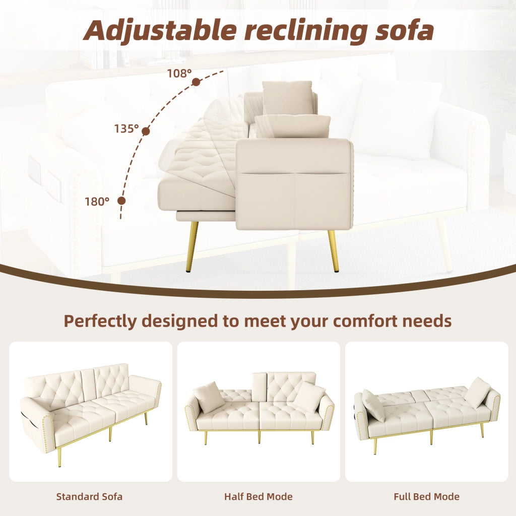 Divano letto 2 posti - con schienale regolabile e portabicchieri - velluto beige