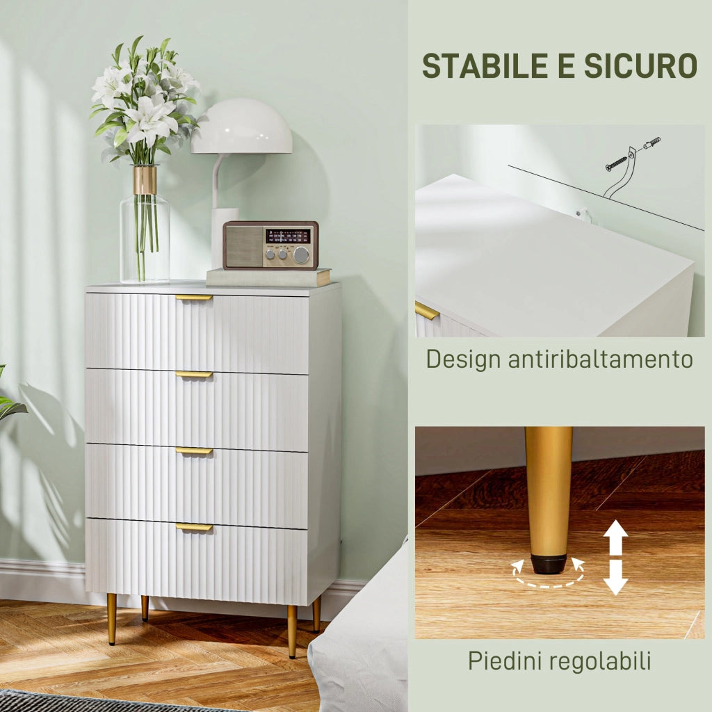 Cassettiera 4 Cassetti Moderna con Maniglie Dorate 60x40x96 cm Bianco