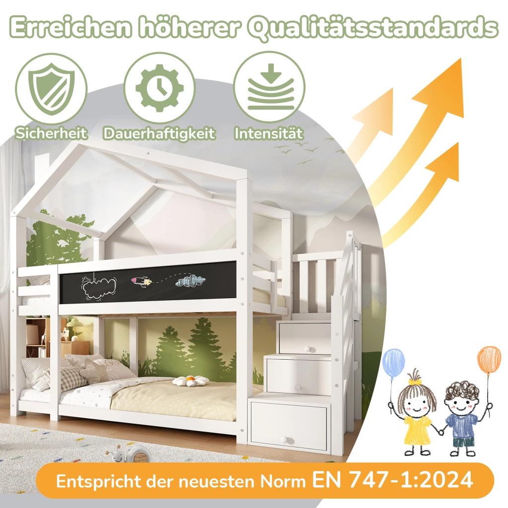 DESMIU Letto a castello per bambini 90 × 200 cm con lavagna, cassetti contenitore e senza materasso, bianco