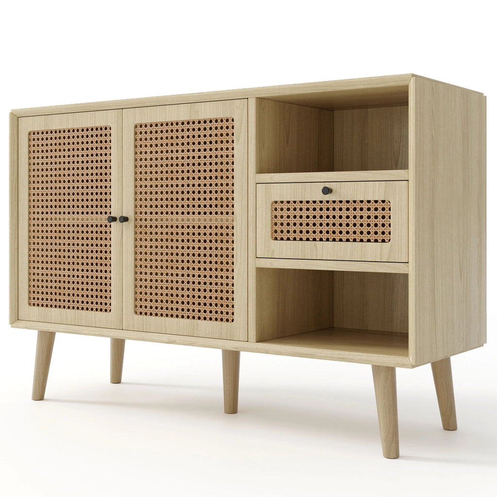 Credenza con Cassetto e 2 Ante in Rattan ¨C MINIMAL ¨C Rovere, Metallo Nero, 120x40x80