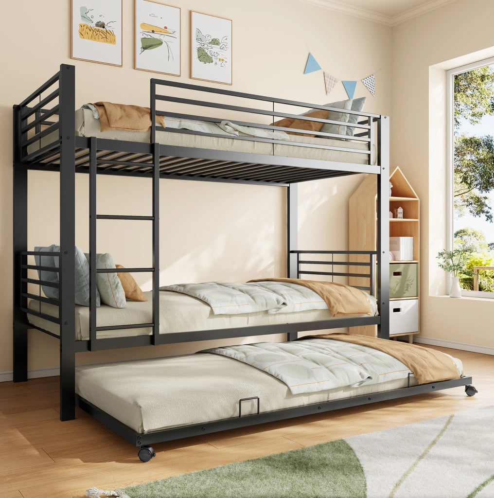Letto a castello 3 posti in metallo nero 90x200 cm