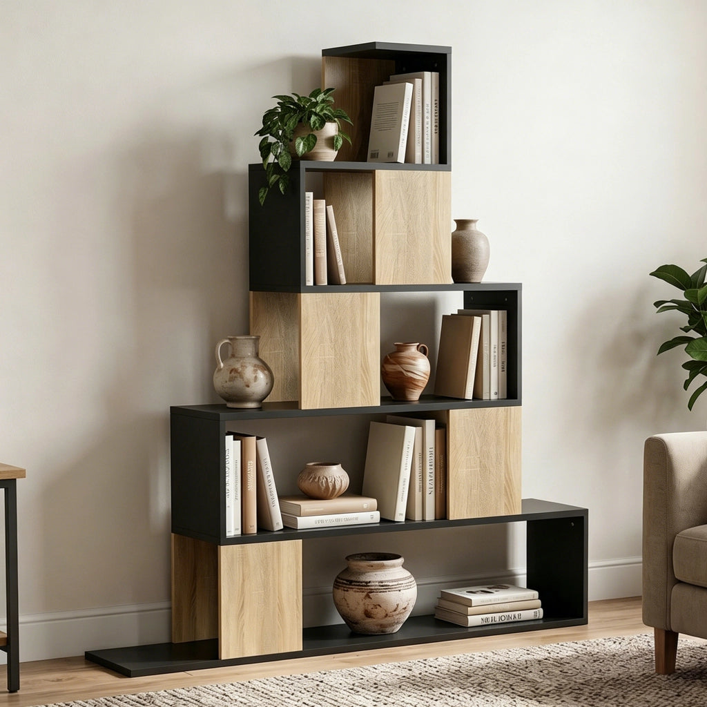 Libreria geometrica 5 livelli ¨C Xylo ¨C legno naturale e nero, scaffale per soggiorno ufficio camera