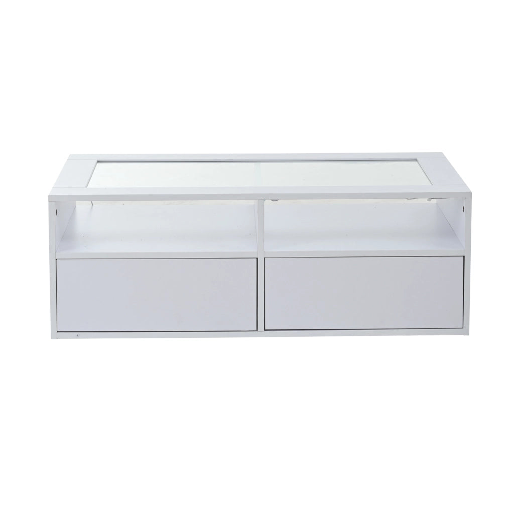 Tavolino da caffè con 2 cassetti; LED e USB - per soggiorno - 100×50×35 cm - bianco