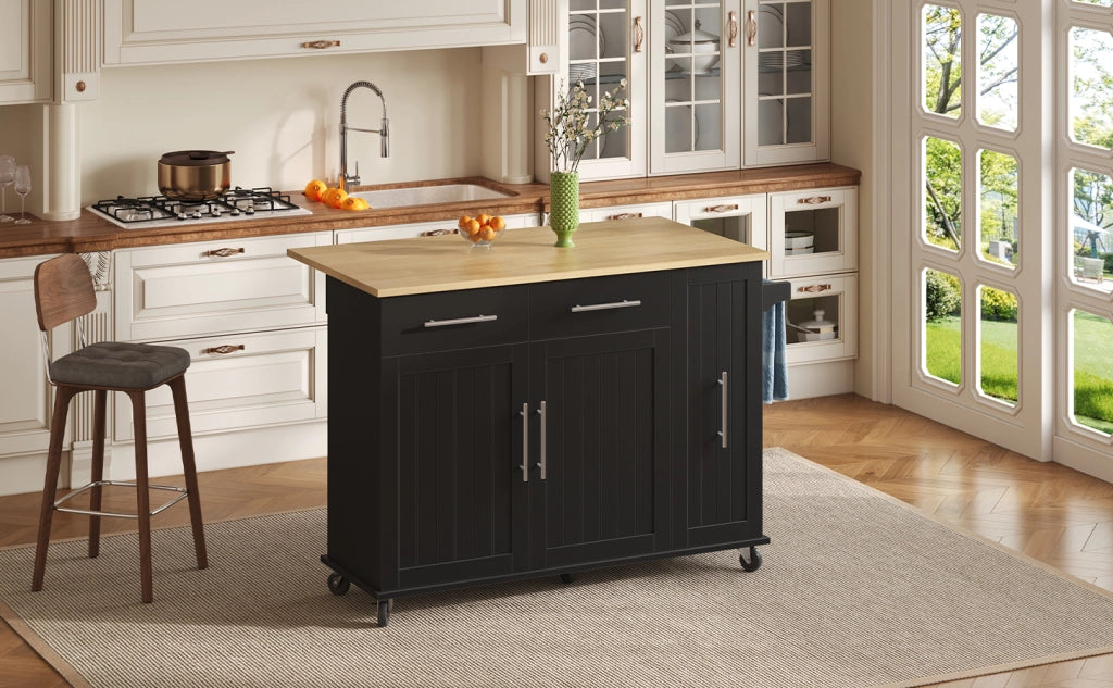 Isola da cucina mobile con piano pieghevole, organizer estraibile a 3 livelli, 2 cassetti e ruote