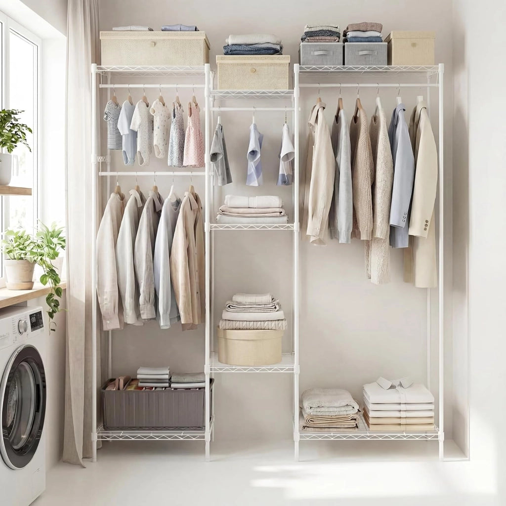 Stand Appendiabiti, Mobile Convertibile per Abiti con Installazione a L e Orizzontale, Appendiabiti con 7 Ripiani Regolabili in Filo Metallico e 4 Bastoni Appendiabiti, Portata 530 kg (Bianco)