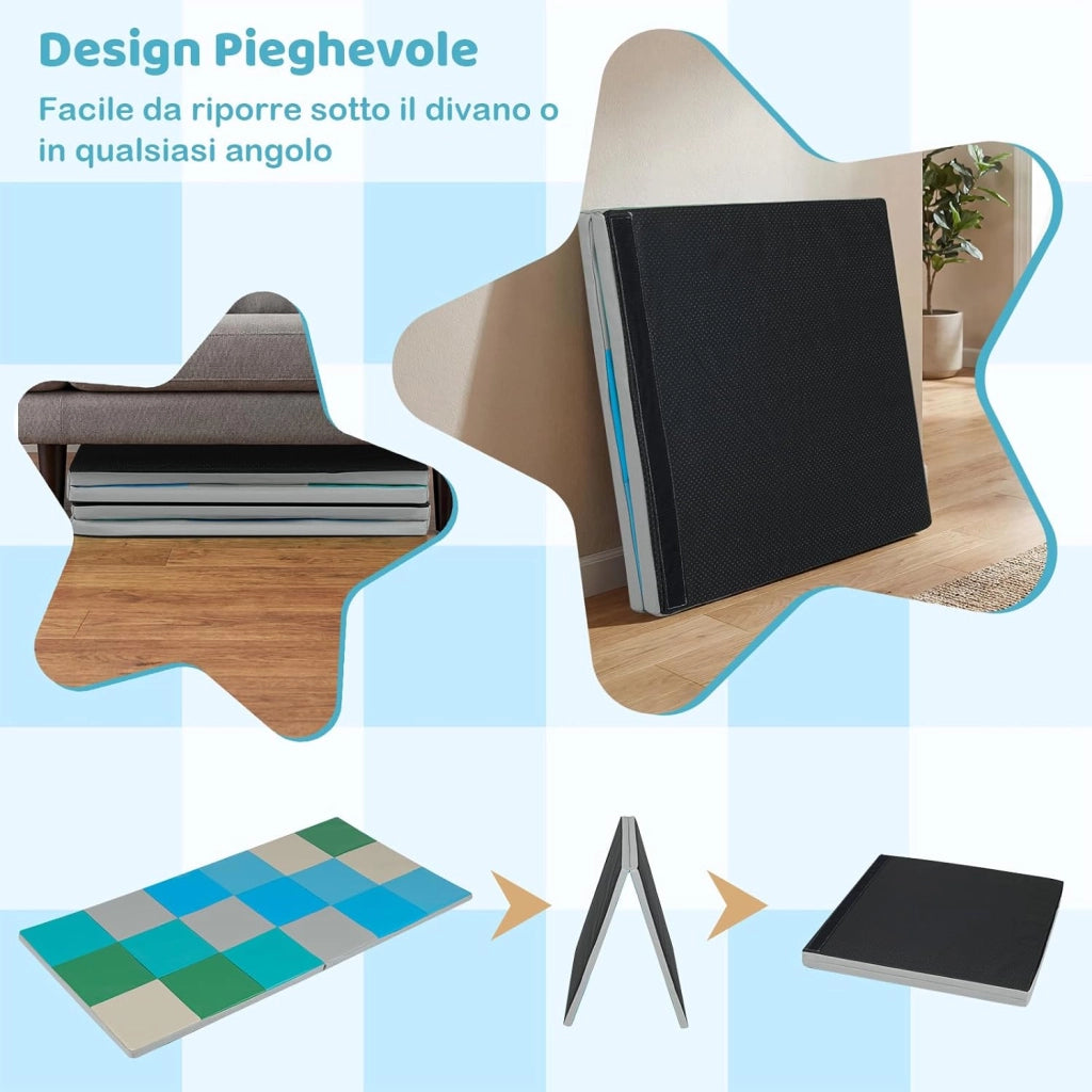 Tappeto Gioco Pieghevole, 144 x 144 cm, Tappetino da Ginnastica con Pelle Impermeabile, Tappeto da Pavimento per Cameretta (Blu+Verde)