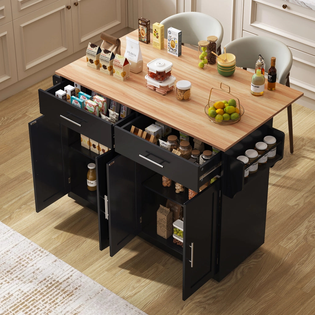 Carrello da Cucina con 2 Cassetti; 4 Ante; Piano Ribaltabile; Ruote e Portasciugamani; Nero 120x46x91;5 cm