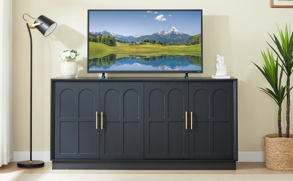 Credenza con ripiani regolabili; per soggiorno e cucina; in MDF; 169×40×80 cm; nero
