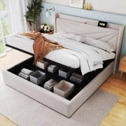 Struttura Letto Matrimoniale in ferro con Contenitore e USB-C, testiera imbottita con spugna morbida,140x200 cm, Beige