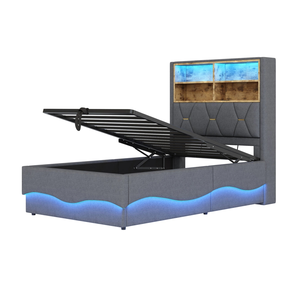 Letto per bambini e ragazzi 90x200 cm con LED; USB e contenitore; grigio in lino