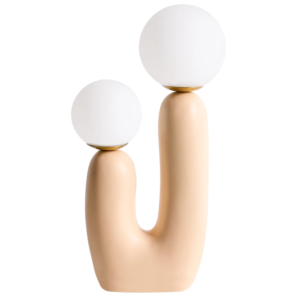 Lampada da tavolo Base in resina beige Paralumi in vetro rotondi Doppio paralume Base a U
