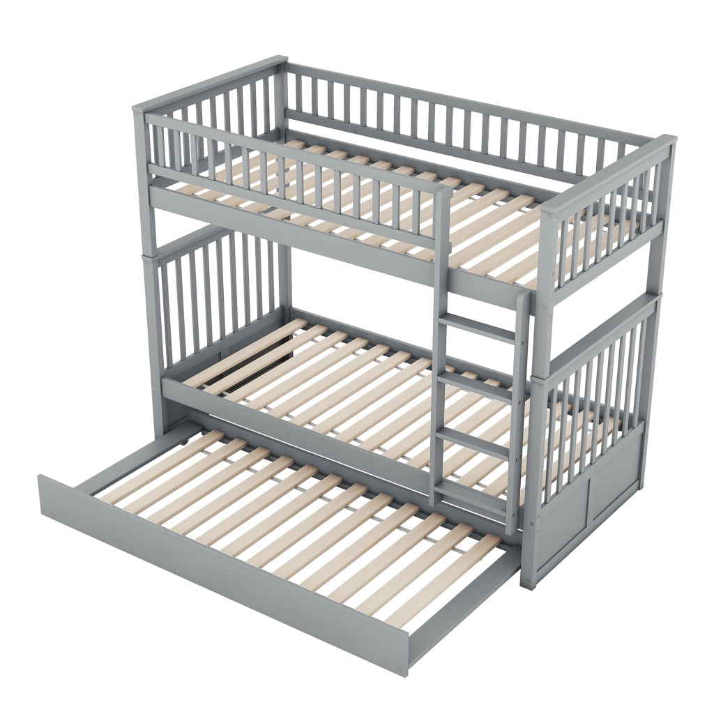 OKWISH Letto a Castello 90×200 cm, Letto 3 Posti con Letto Estraibile, Scala e Sponde Alte, senza Materasso, in Pino, Grigio