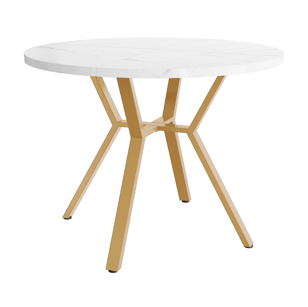 Tavolo da pranzo rotondo 100 cm; MDF effetto marmo bianco con struttura in metallo dorato