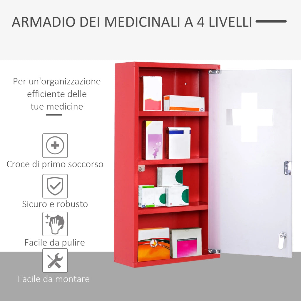 Cassettiera per medicinali con 4 ripiani e porta in vetro ¨C zephmum ¨C 60x30x12cm rosso