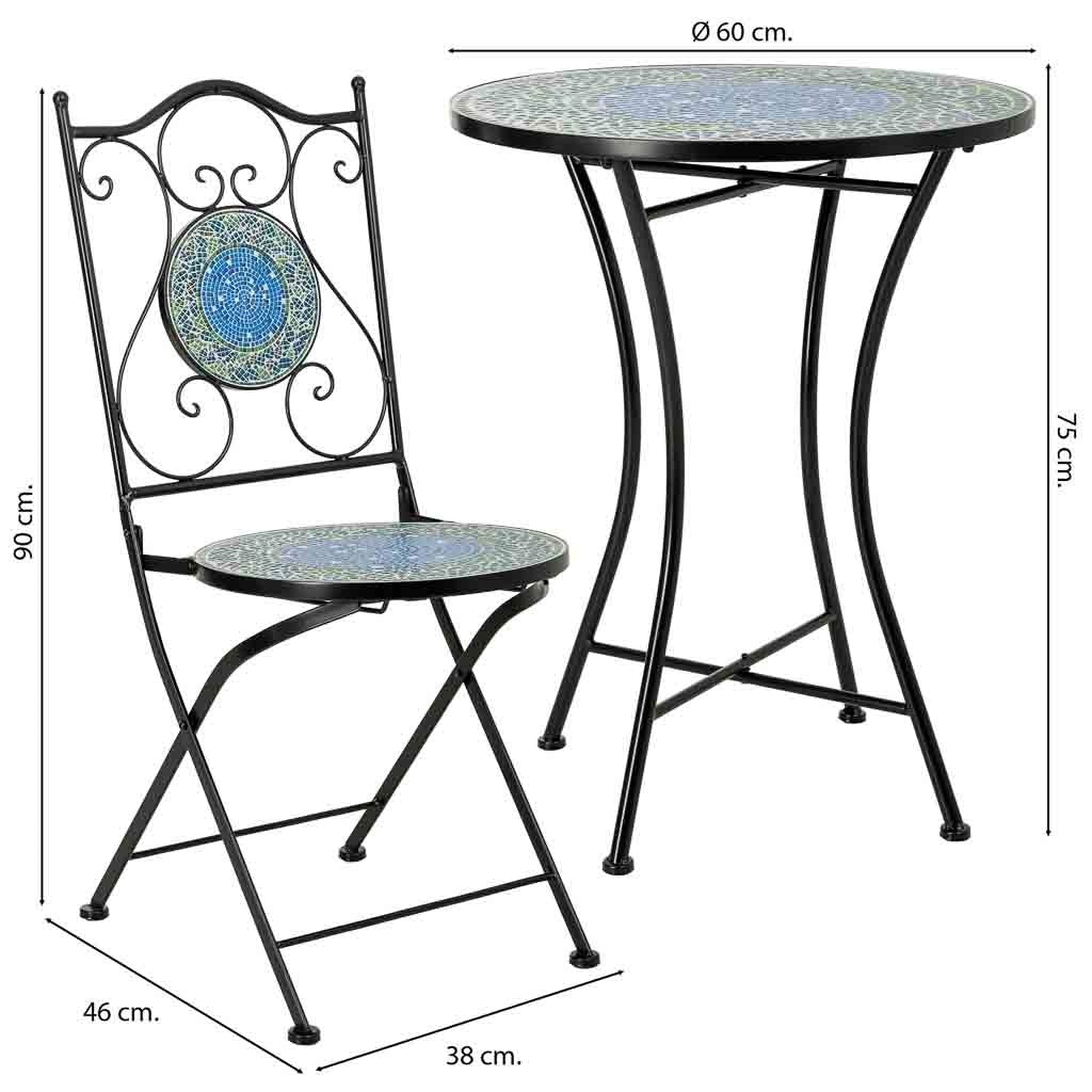 Set tavolo e 2 sedie in metallo, 60x60x75h cm, 38x46x90h cm