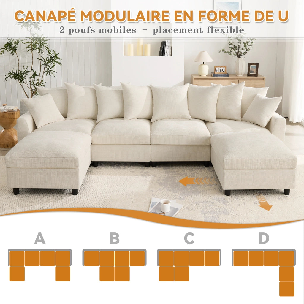 Sofa modulare 6 posti a U/L con USB e Type-C; 283 cm; in chenille beige