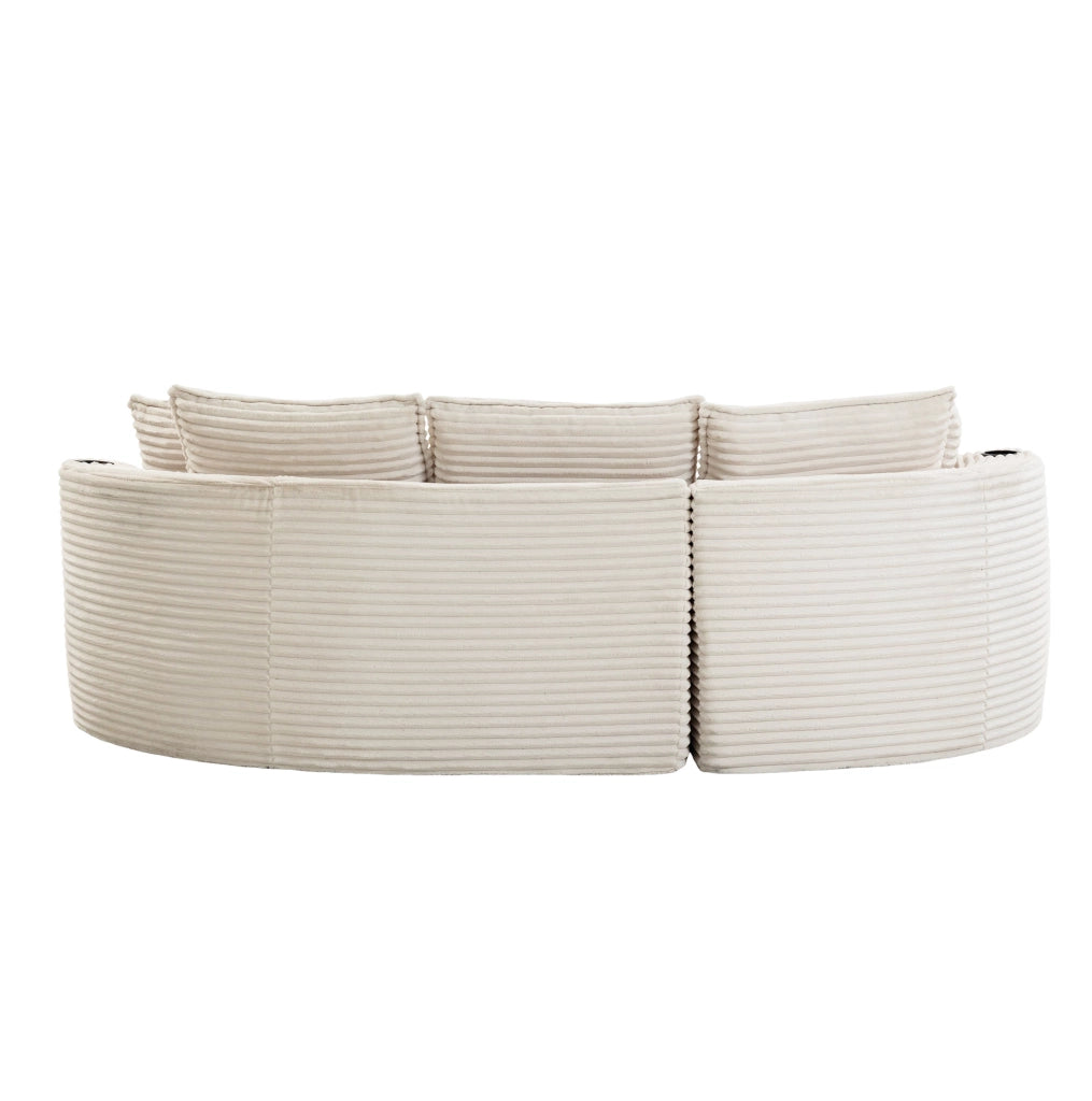 Divano curvo beige in velluto a coste con portabevande e tasche laterali per il massimo comfort