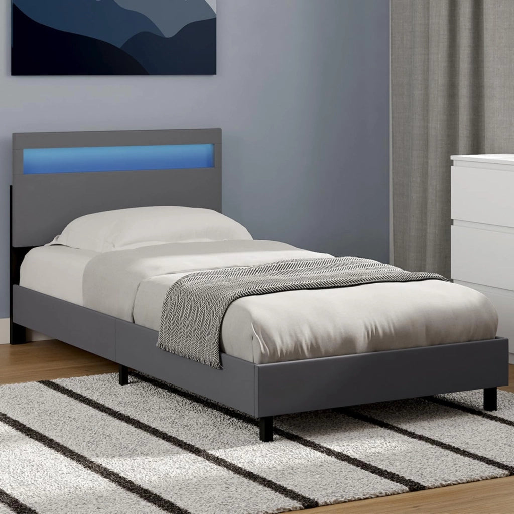 Letto singolo NEO con testata LED integrata e rete 90 x 190 cm PVC grigio