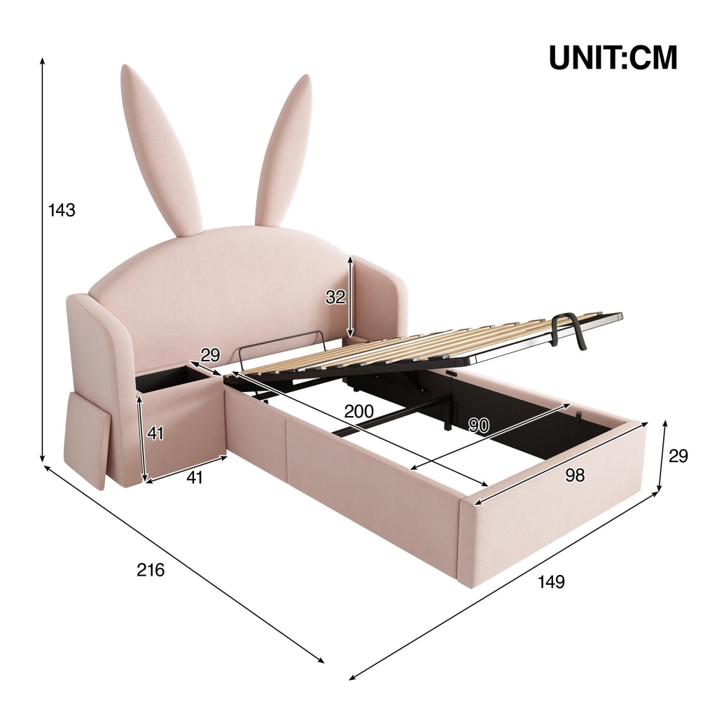 Letto imbottito per bambini 90x200 cm in velluto rosa con comodino contenitore e rete a doghe