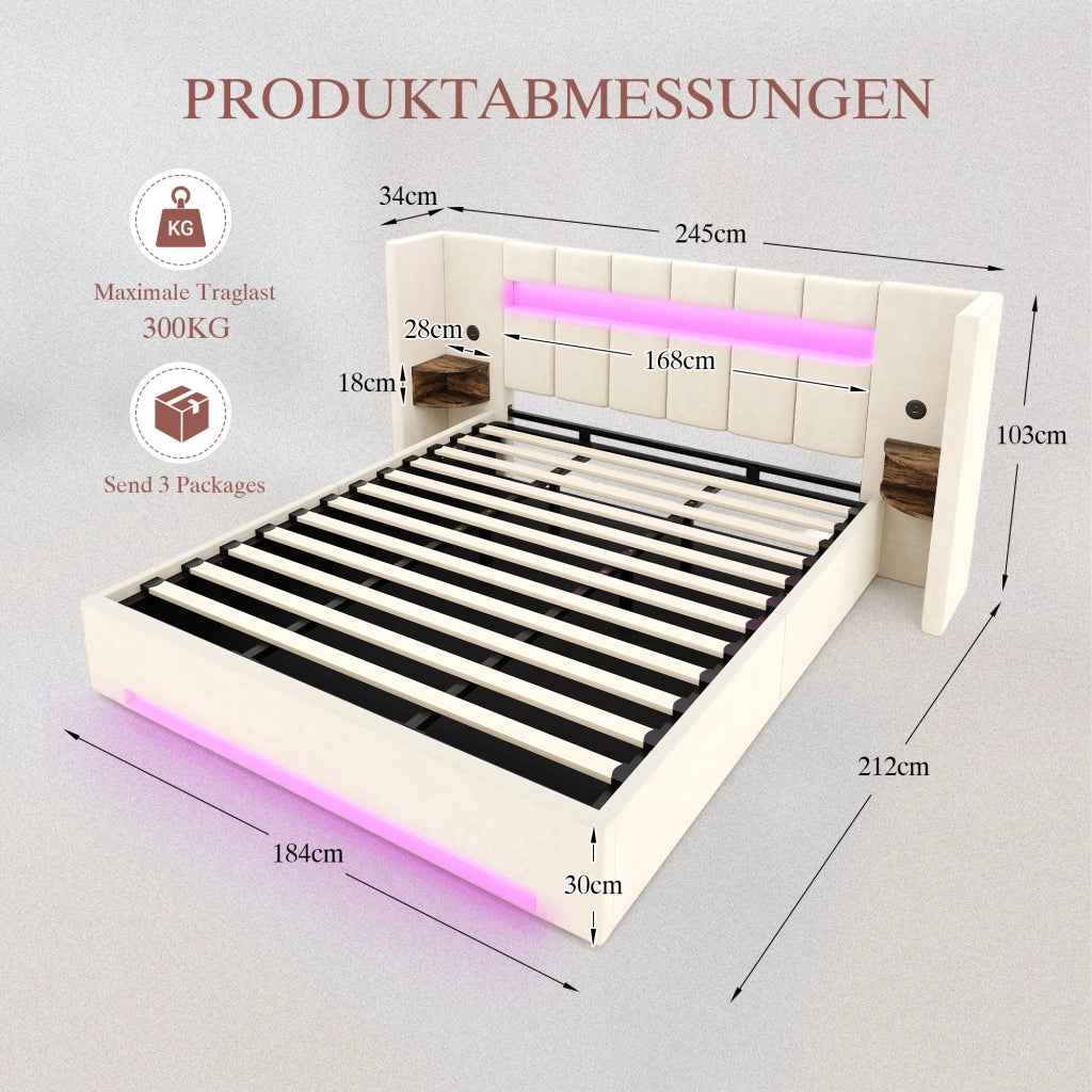 LETTO Contenitore 180x200 cm in velluto beige con LED, USB e cassetti laterali