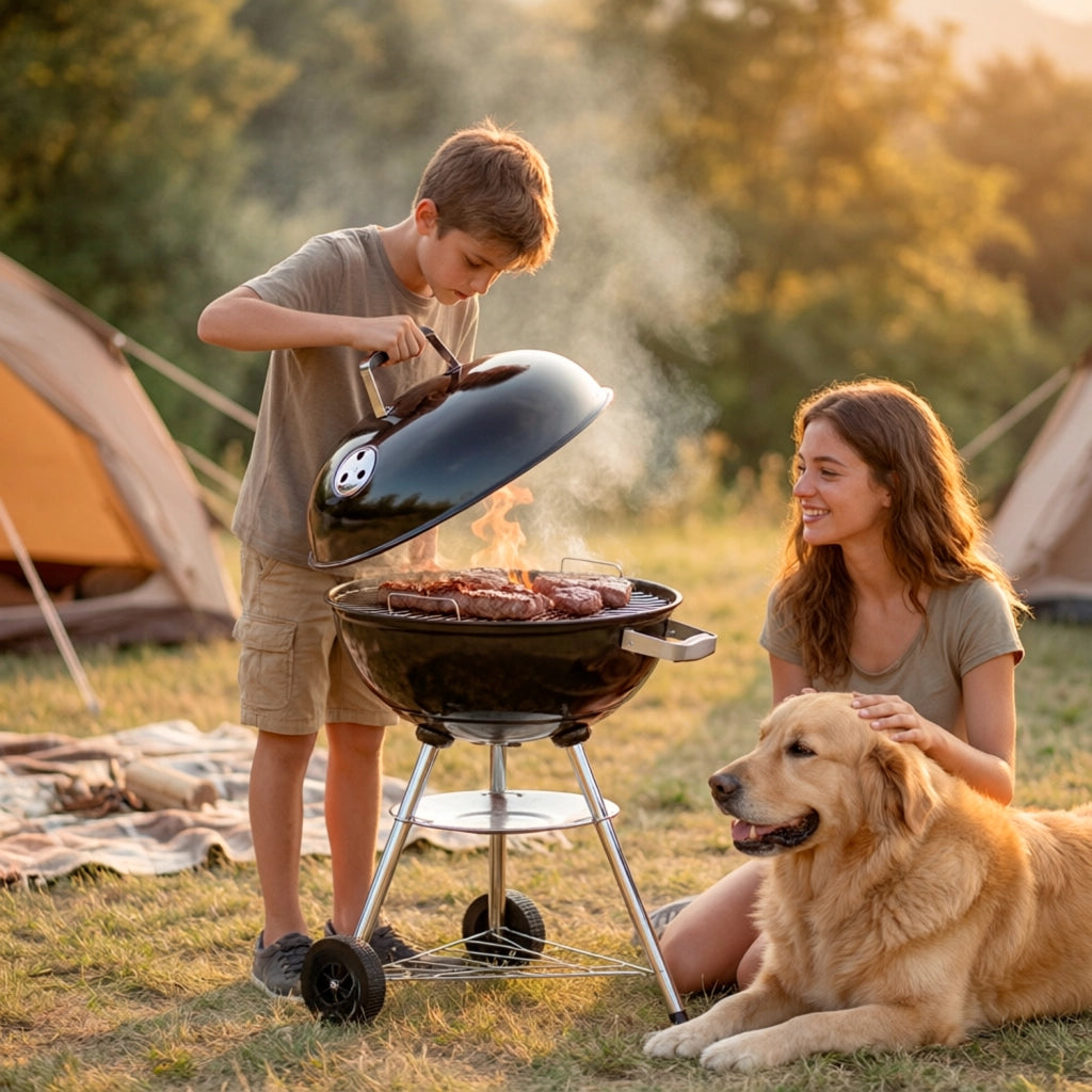 Barbecue A Carbone Con Coperchio Griglia In Acciaio Cromato Ruote Per Trasporto Facile Da Montare Per Giardino Campeggio E Terrazza 51 x 46.5 x 78 Cm Nero