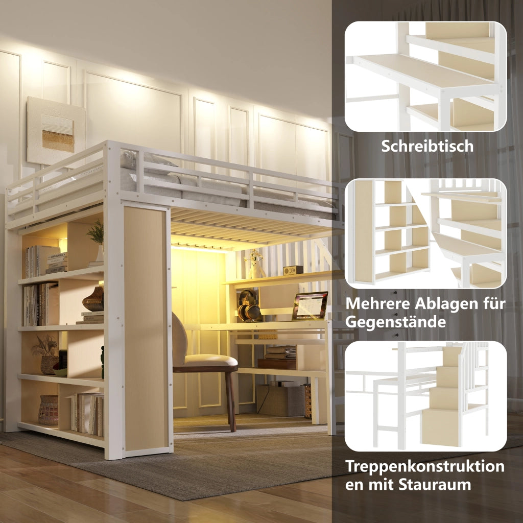 Letto a soppalco matrimoniale 140×200 cm con scrivania; ripiani; scale contenitore e LED; senza materasso; bianco