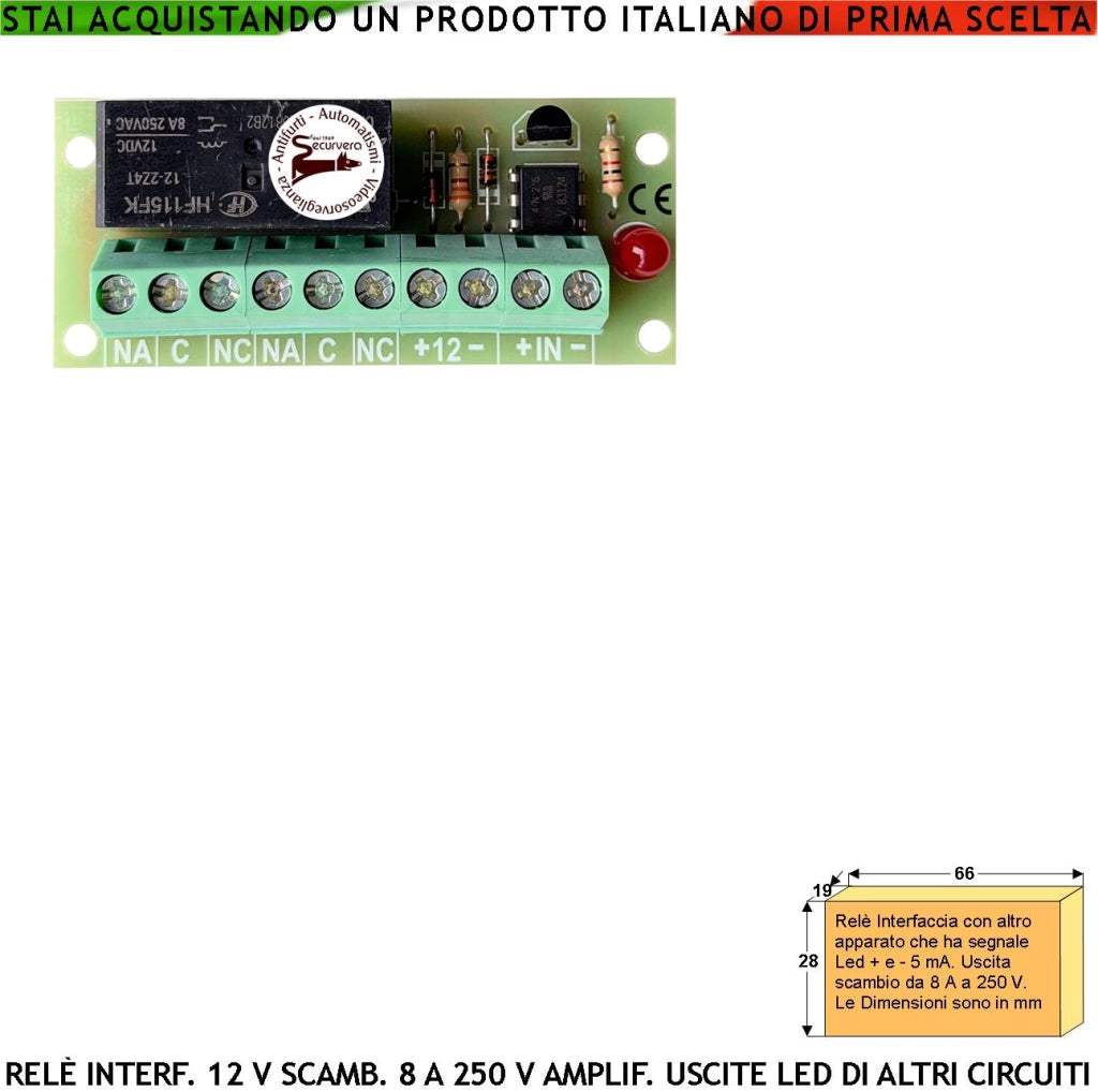 Uscita Led 5 mA Circuiti Separati Amplifica e Fotoaccoppia da Relè 24 V Interfaccia Attività Segnalata da Led 2 Scambi 8 A a 250V Carico Resistivo Evita Effetto Ratio e Fornisce Uscita Contatto Libero