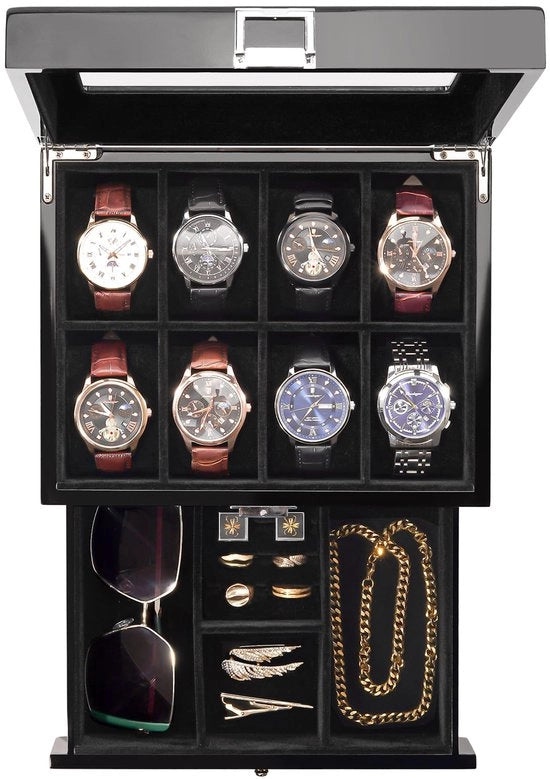 Scatola per orologi con 8 compartimenti, scatola per orologi con coperchio in vetro, cuscino per orologi, scatola per gioielli per anelli, bracciali e collane - 8 slot, nero