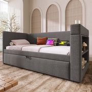 Divano letto 90x190 cm con letto estraibile e stazione di ricarica in cotone e lino grigio