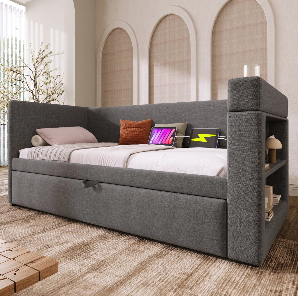 Divano letto 90x190 cm con letto estraibile e stazione di ricarica in cotone e lino grigio