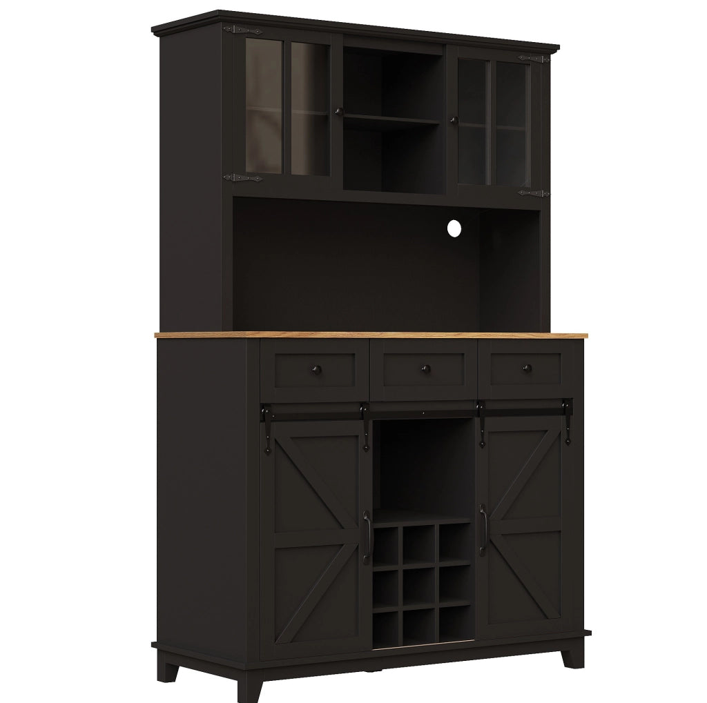 Credenza 105x38.4x180 cm con LED; ante in vetro e ripiani regolabili in MDF e metallo nera