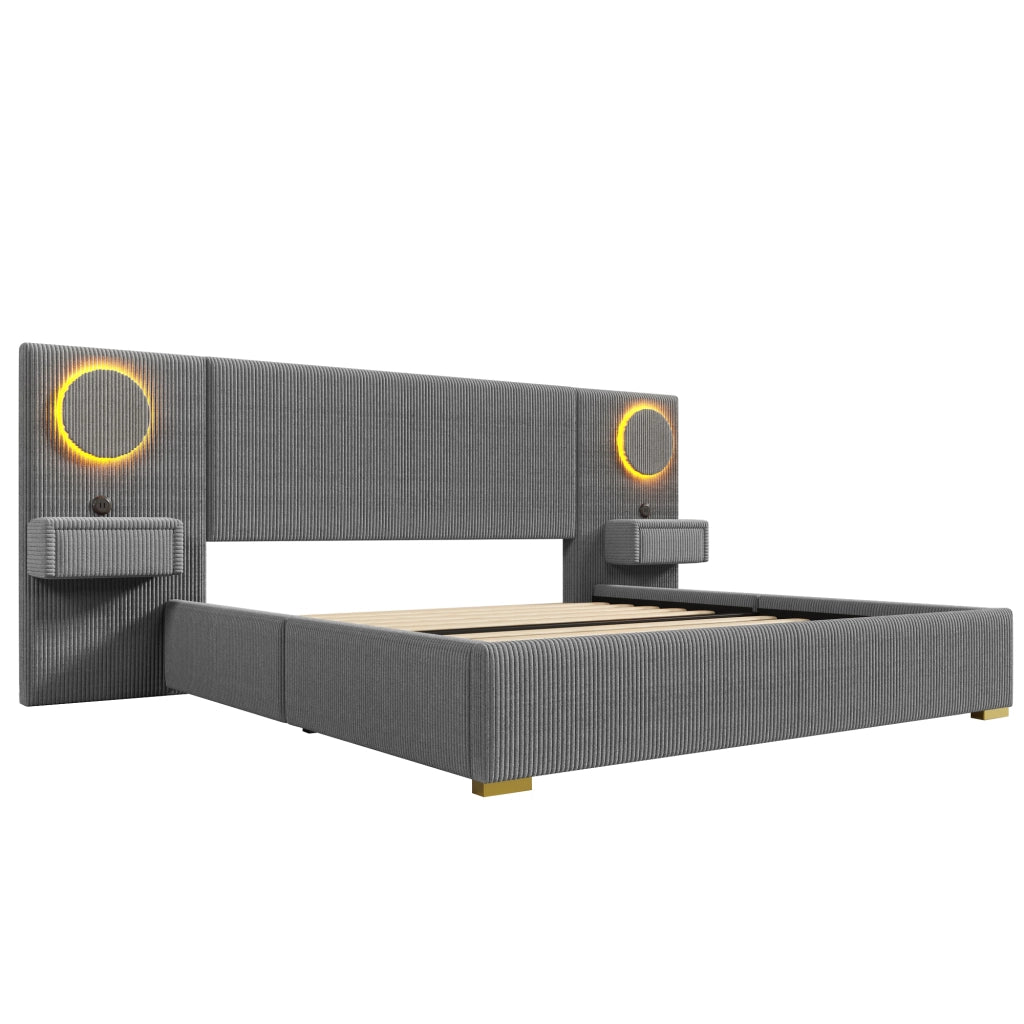 Letto Matrimoniale 180x200 cm; USB; LED; Cassetti e Tavolini in Velluto Grigio