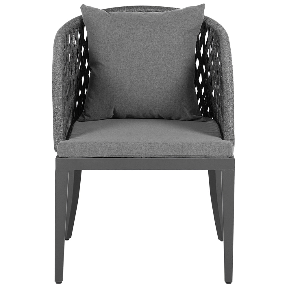 Set da pranzo da giardino 4 posti in metallo grigio alluminio finitura opaca tavolo da esterno 4 sedie cuscini moderno