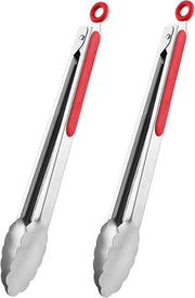 Set di tenaglie per cucina in acciaio inossidabile - 2 pezzi - 9 pollici - tenaglie per cibo - tenaglie per griglia - manico antiscivolo - chiusura gancio - resistente a temperature elevate - 26,5 x 3,8 cm - rosso - 26,5*3,8cm