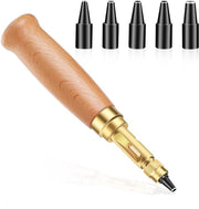 Penna a punta mobile in pelle marrone, manico in legno, punta a foro, 6 misure (1,5 mm/2 mm/2,5 mm/3 mm/3,5 mm/4 mm), adatta per cinture, borse e bracciali.
