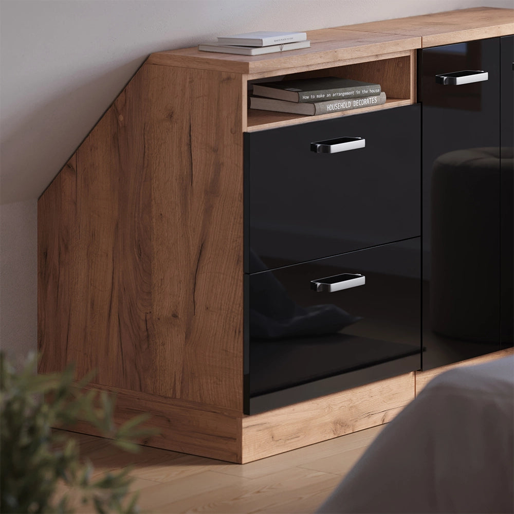 Mobile cucina sottotetto R-Line Nero lucido/Rovere dorato 60 cm con 2 cassetti, carcassa 60 cm profondità Vicco