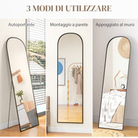 Specchio da Terra e Parete Moderno con Supporto Pieghevole 50x170 cm in Lega di Alluminio Nero