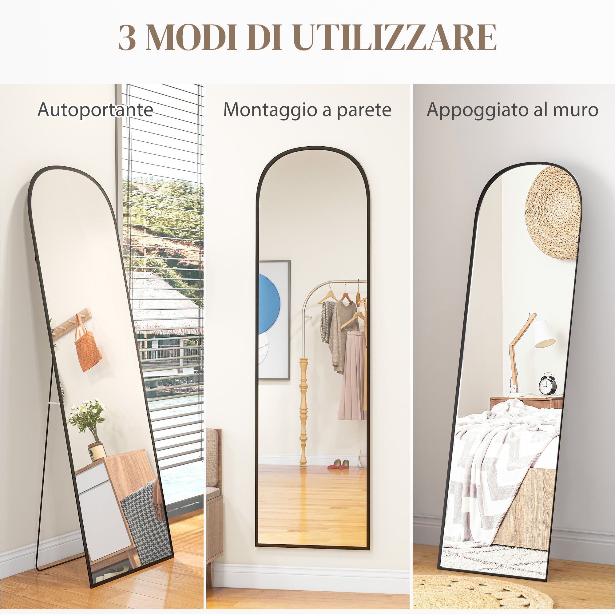 Specchio da Terra e Parete Moderno con Supporto Pieghevole 50x170 cm in Lega di Alluminio Nero