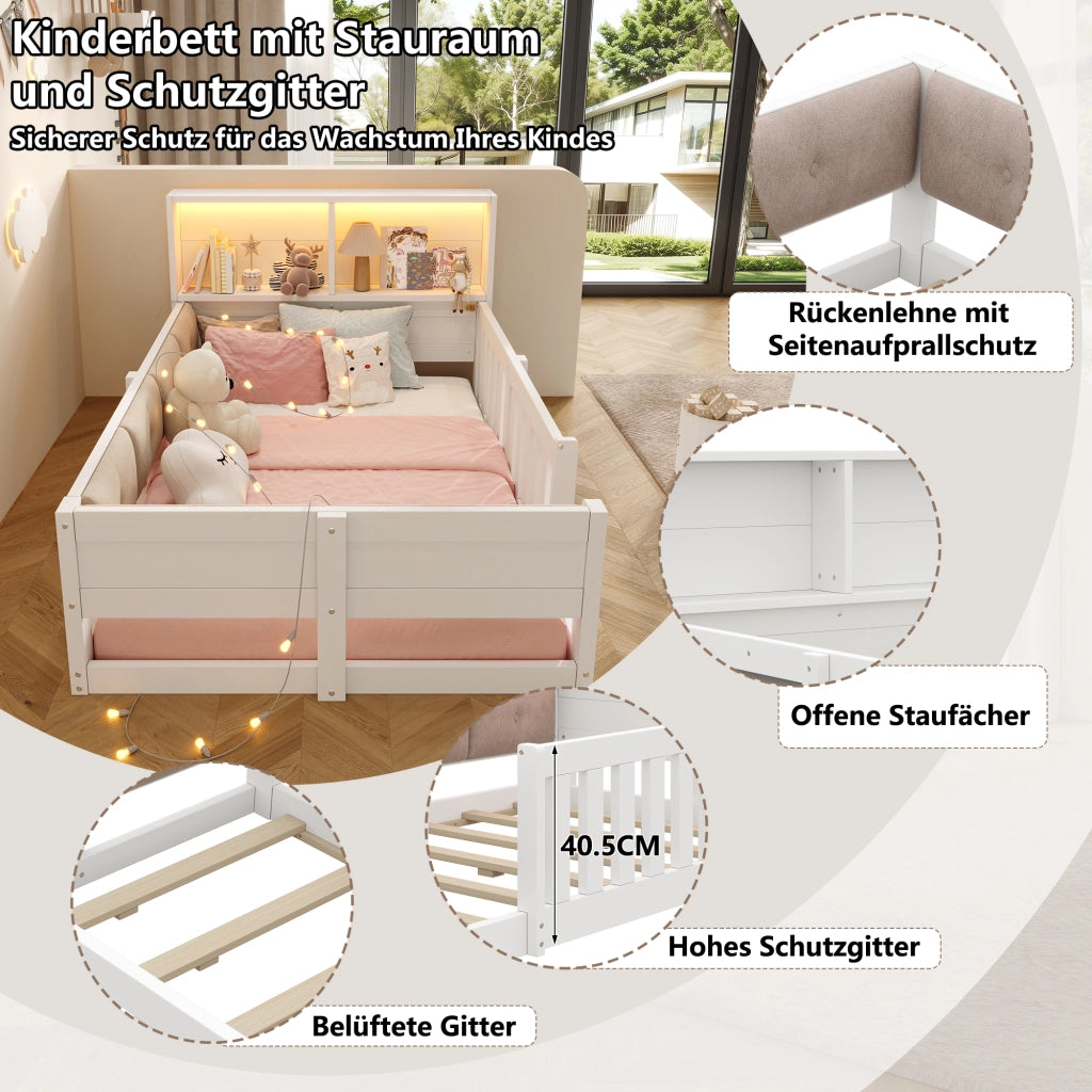 Letto per bambini 90 × 200 cm con testiera contenitore, luci LED, sponde di sicurezza, senza materasso, bianco