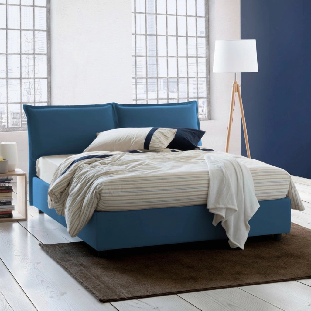 Letto matrimoniale Amy, Letto contenitore con rivestimento in tessuto, Made in Italy, Apertura frontale, con materasso cm 160x200 incluso, Blu