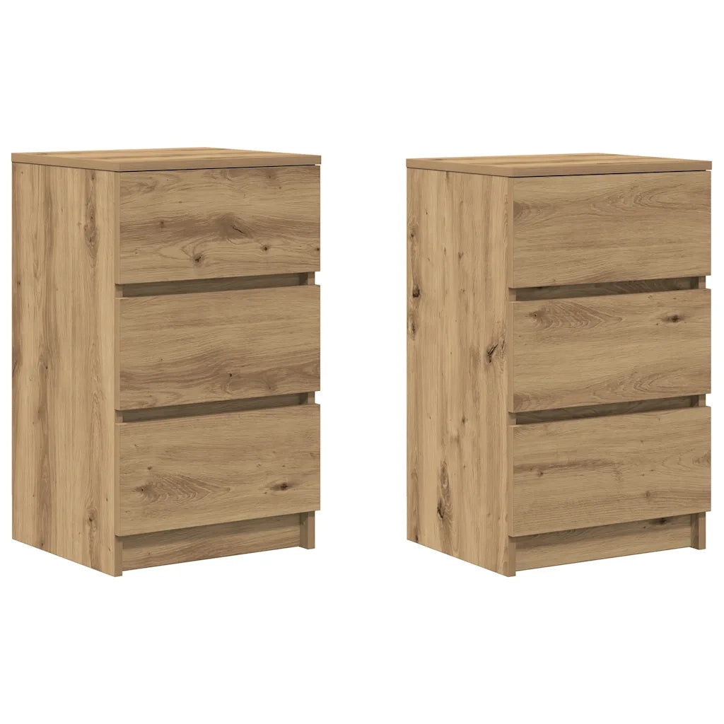 Set di 2 Comodini | Armadio da Notte | Mobiletto da notte con 3 Cassetti Rovere Artigianale 39x35x65 cm